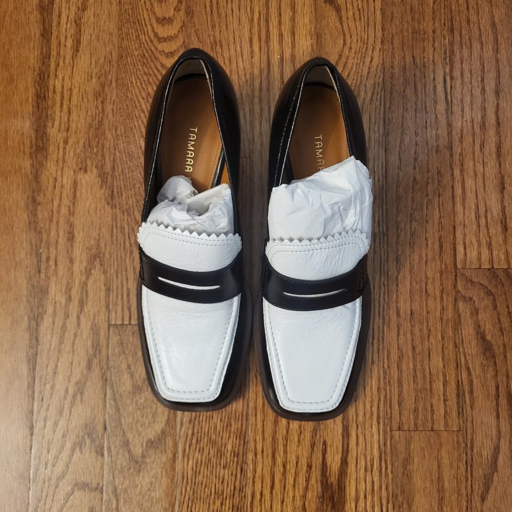 Tamara Mellon Black + White Leather Block Heeled Loafers